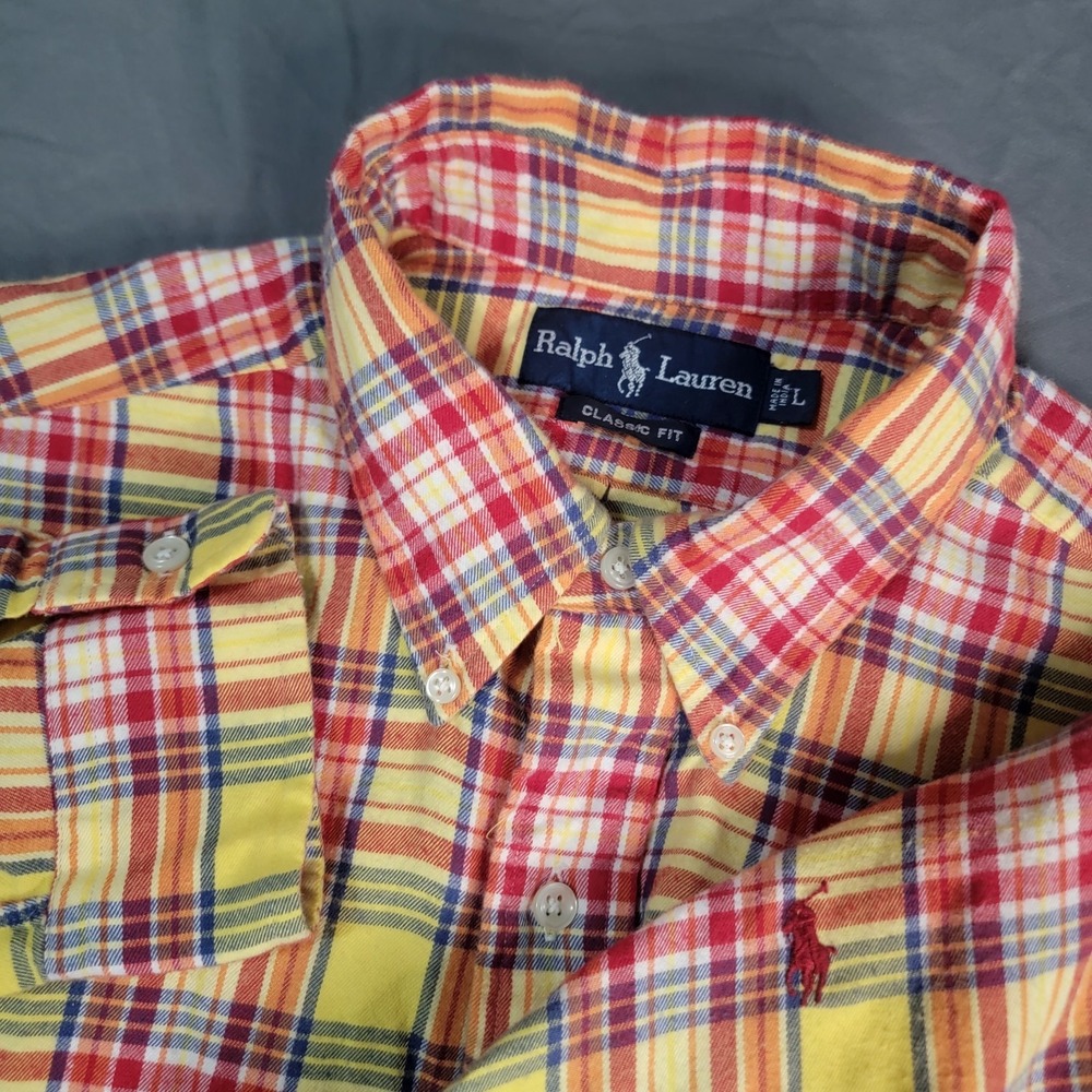 Ralph Lauren Button Down Long Sleeve Men's Large Plaid Red Pony Colorful